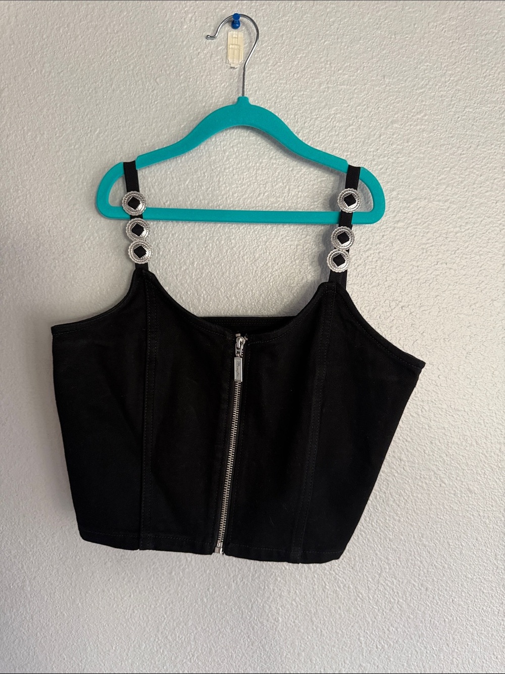 Wrangler Black Rhinestone-Detail Zip Crop Top